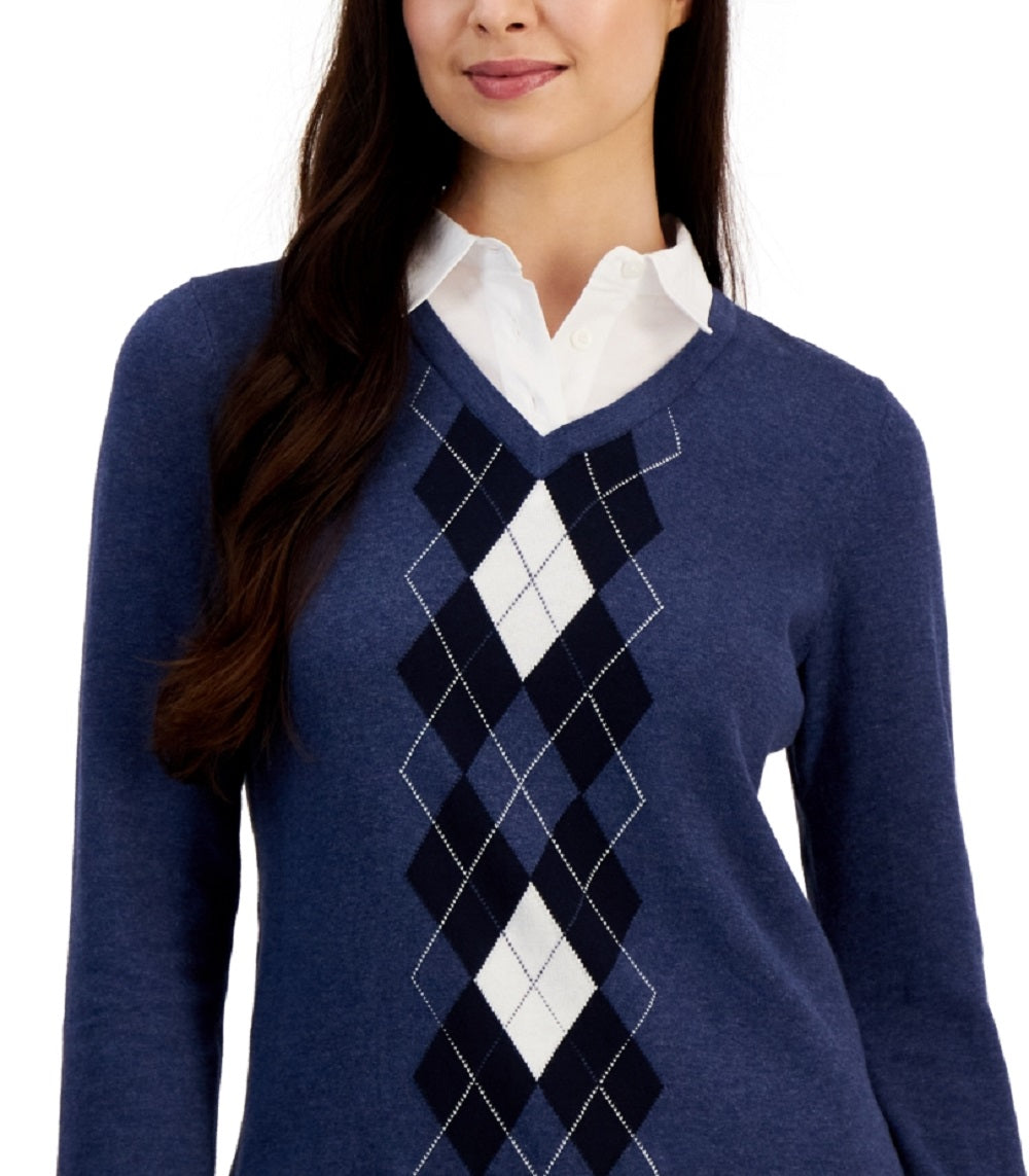 Tommy Hilfiger Women's Cotton Argyle Print Layered Look Sweater Blue Size Small