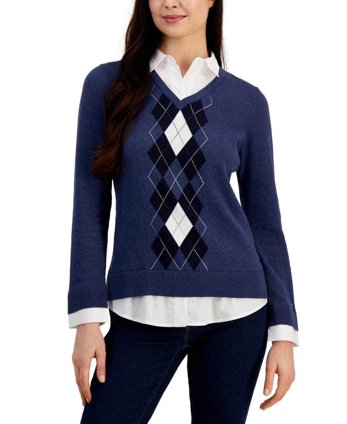 Tommy Hilfiger Women's Cotton Argyle Print Layered Look Sweater Blue Size Small