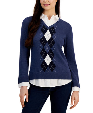 Tommy Hilfiger Women's Cotton Argyle Print Layered Look Sweater Blue