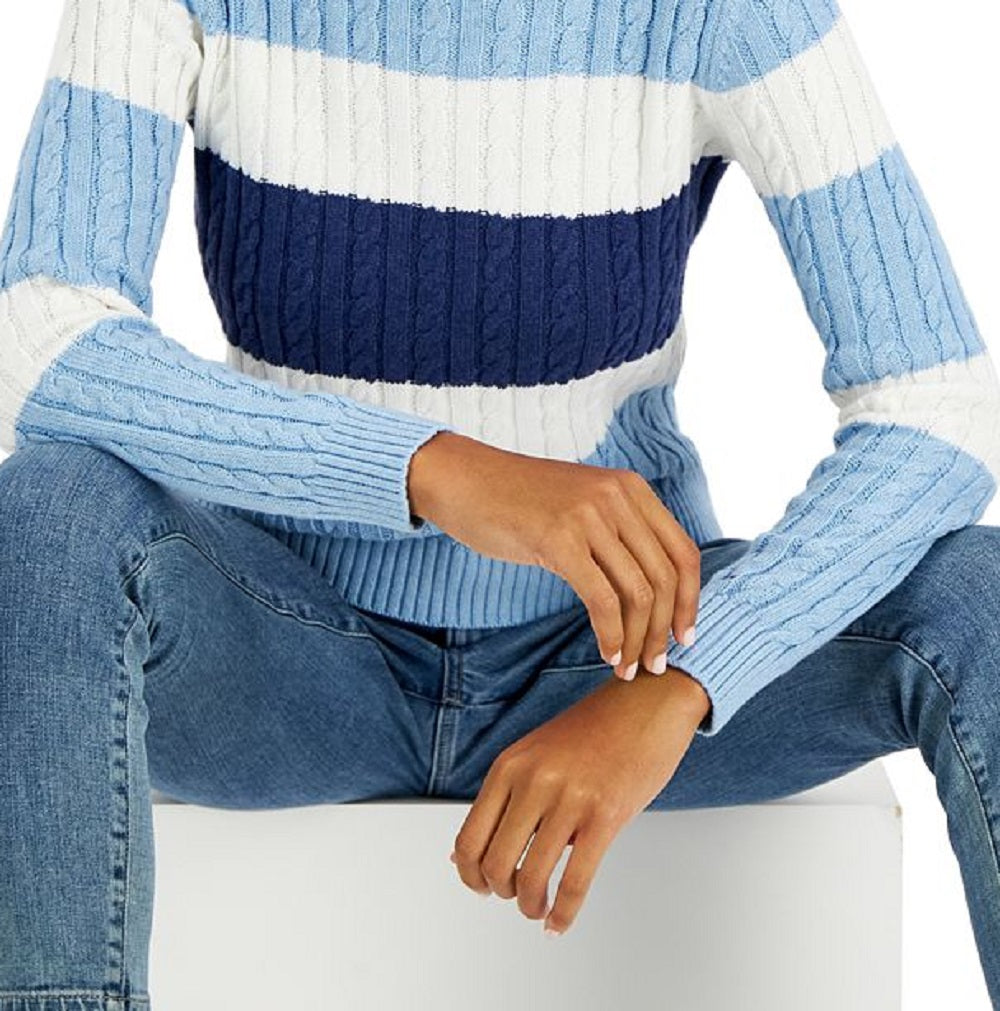 Tommy Hilfiger Women's Flag Logo Colorblocked Cotton Cable Knit Sweater Blue Size Large