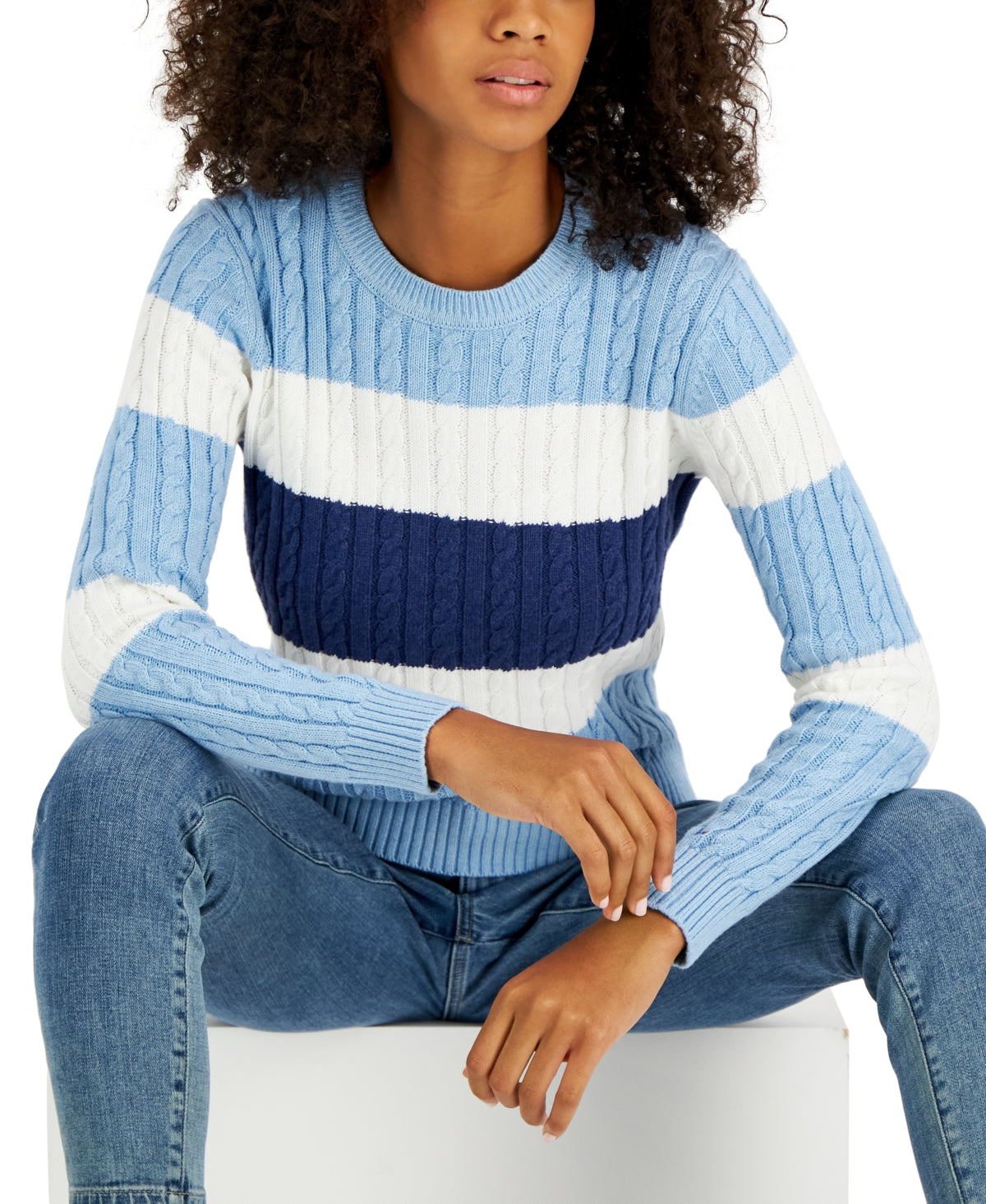 Tommy Hilfiger Women's Flag Logo Colorblocked Cotton Cable Knit Sweater Blue Size Small