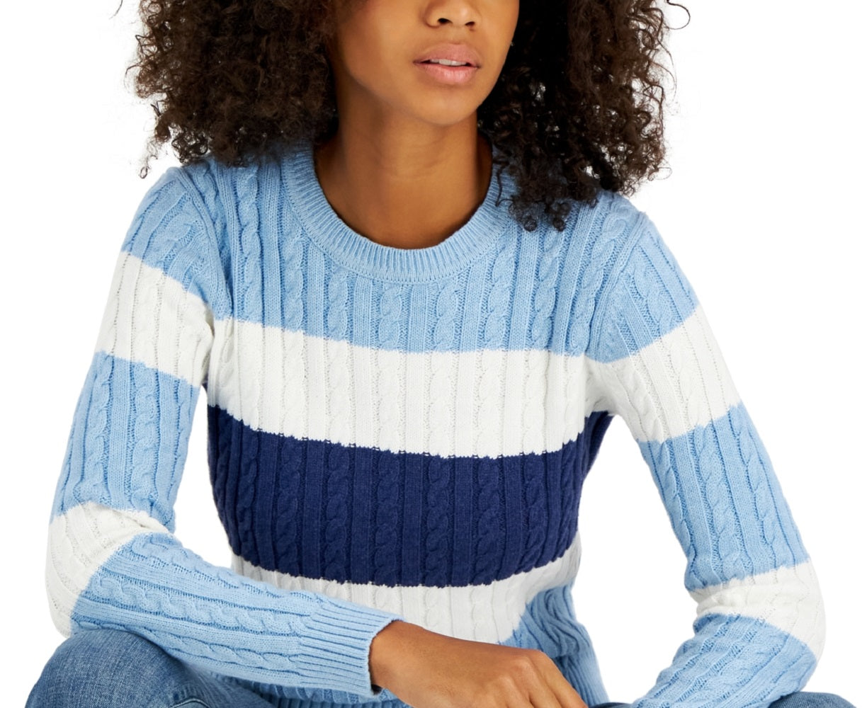 Tommy Hilfiger Women's Flag Logo Colorblocked Cotton Cable Knit Sweater Blue Size Small