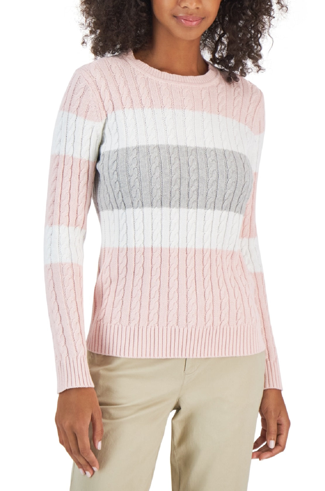 Tommy Hilfiger Women's Flag Logo Colorblocked Cotton Cable Knit Sweater Pink Size Large