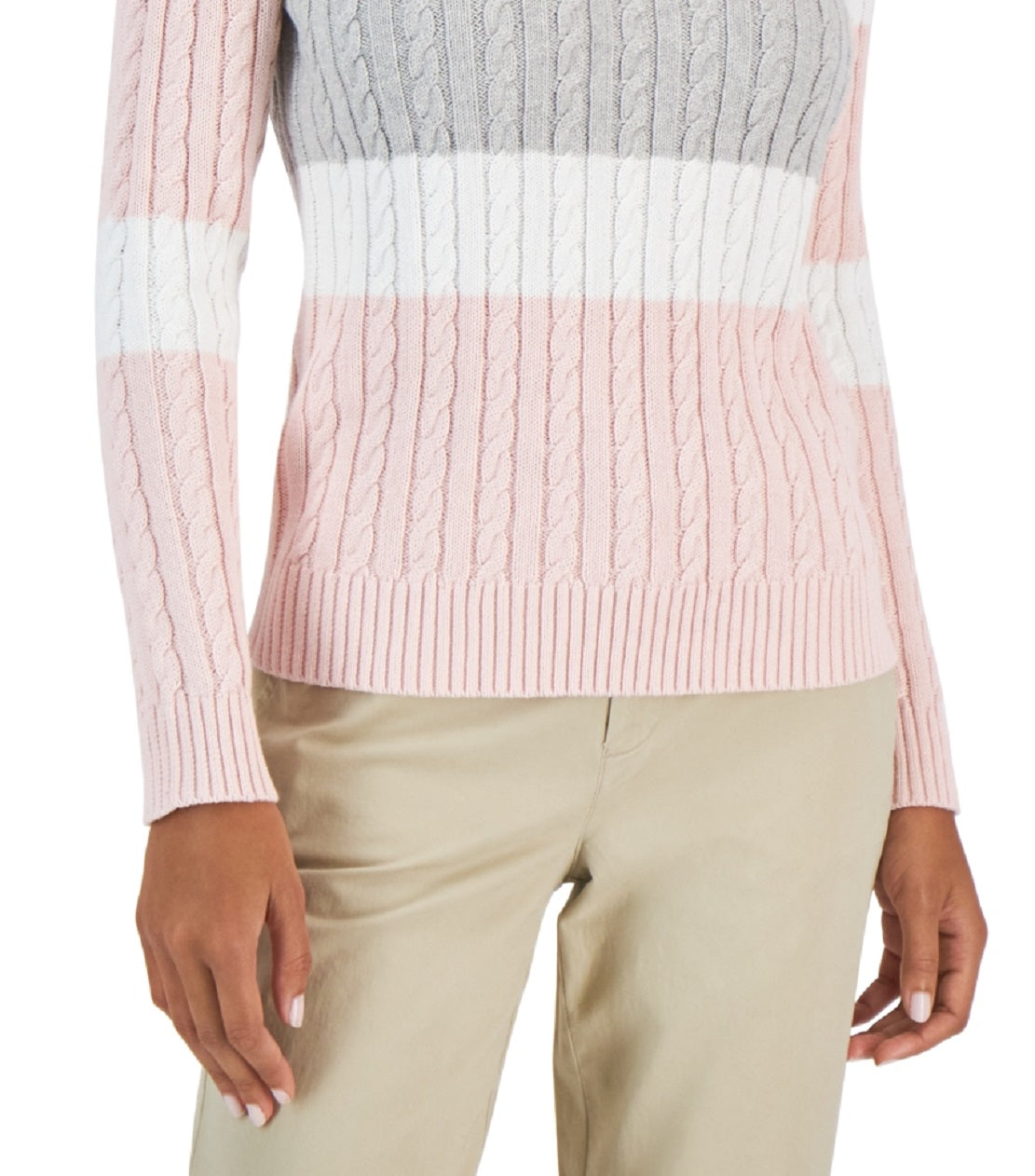 Tommy Hilfiger Women's Flag Logo Colorblocked Cotton Cable Knit Sweater Pink Size Large