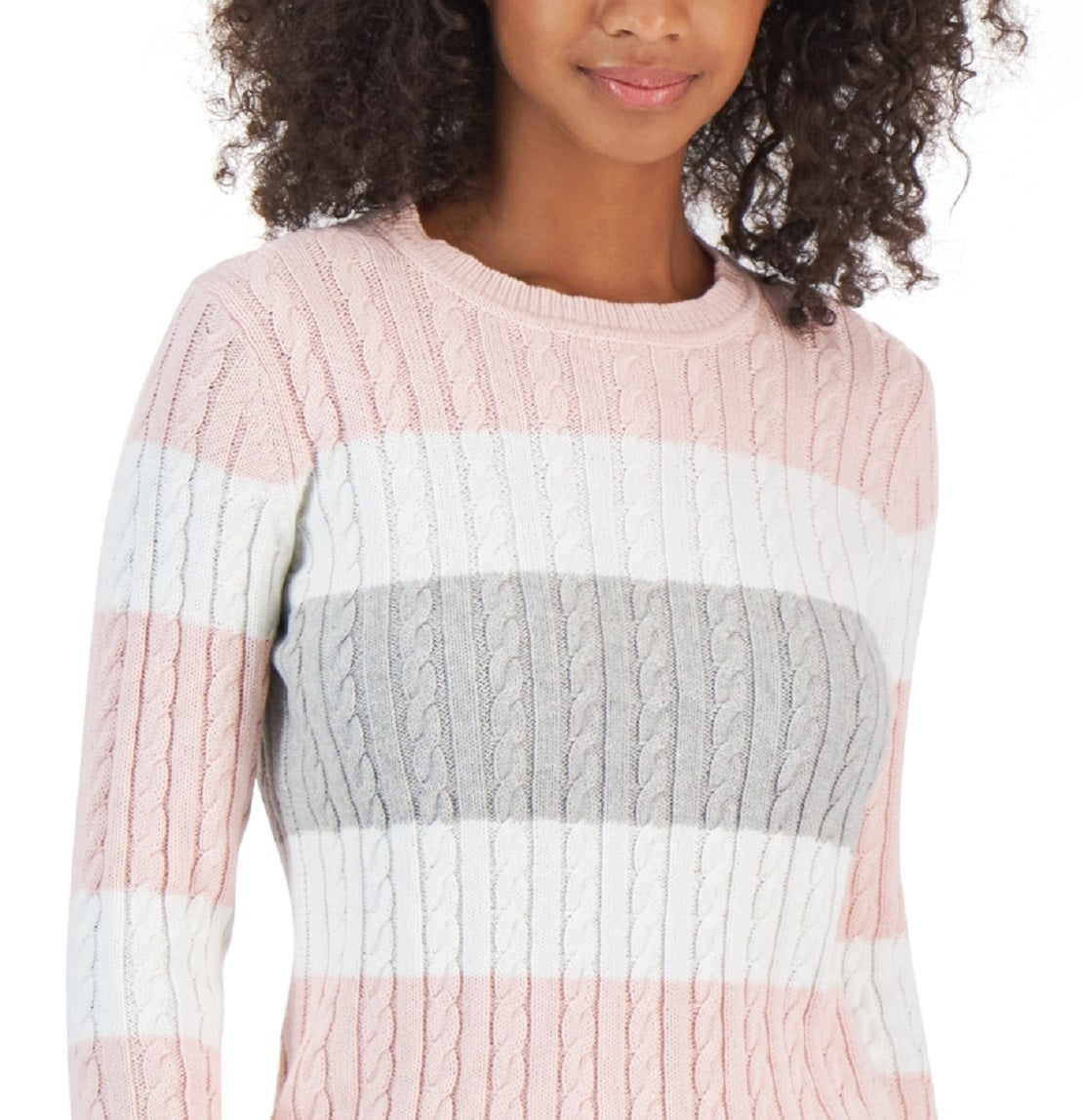 Tommy Hilfiger Women's Flag Logo Colorblocked Cotton Cable Knit Sweater Pink Size Small