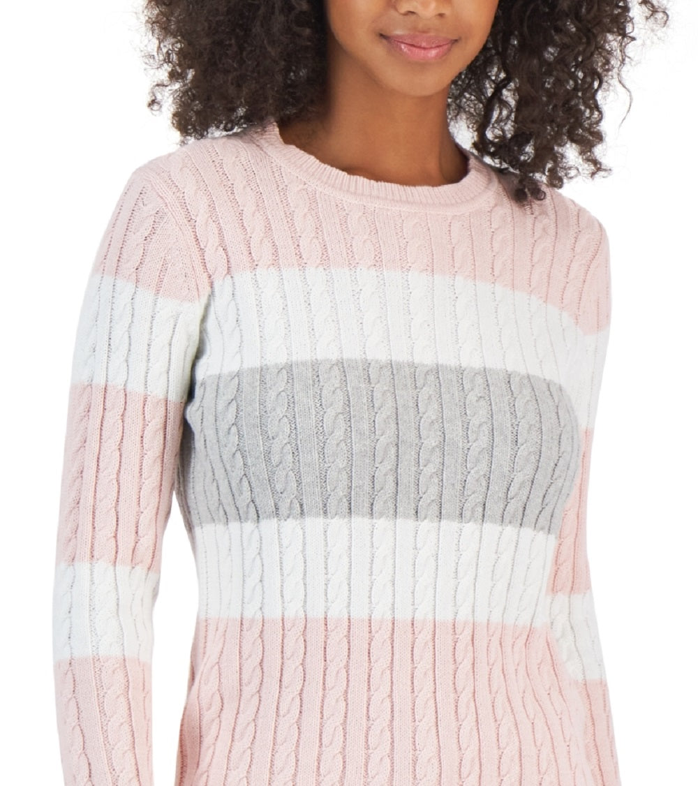 Tommy Hilfiger Women's Flag Logo Colorblocked Cotton Cable Knit Sweater Pink Size X-Small