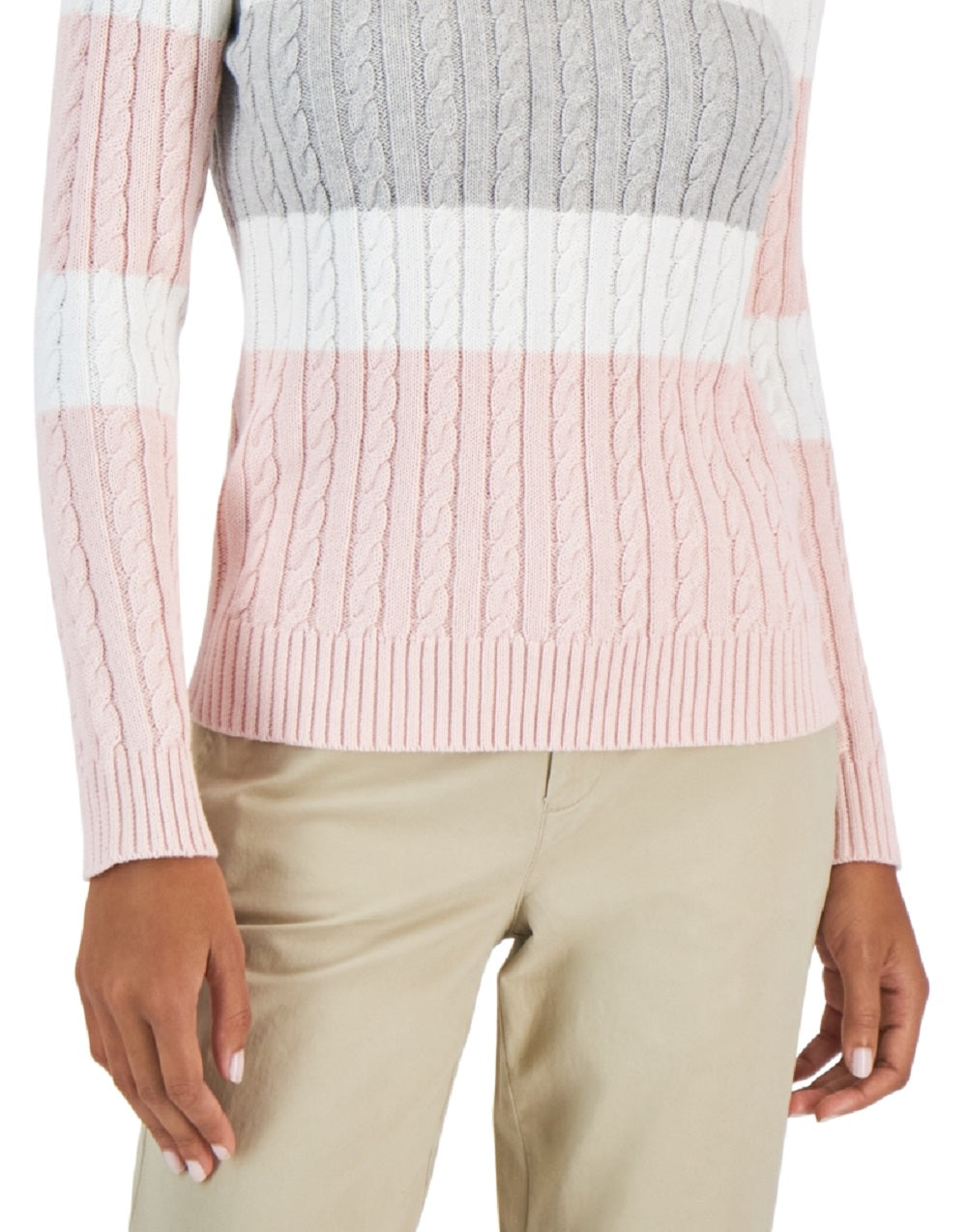 Tommy Hilfiger Women's Flag Logo Colorblocked Cotton Cable Knit Sweater Pink Size X-Small