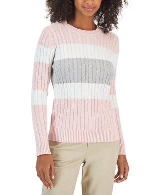 Tommy Hilfiger Women's Flag Logo Colorblocked Cotton Cable Knit Sweater Pink Size X-Small