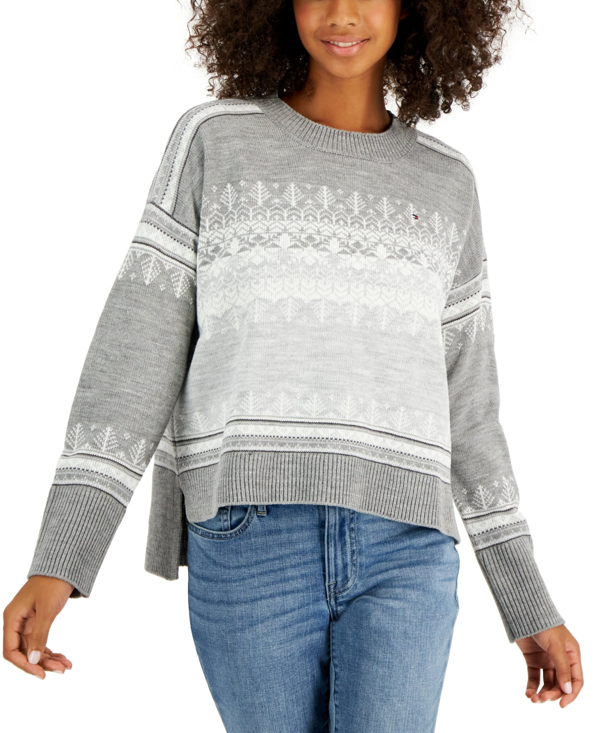 Tommy Hilfiger Women's Fair Isle Drop Shoulder Sweater Gray Size Medium