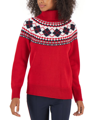 Tommy Hilfiger Women's Argyle Turtleneck Sweater Red Size Large