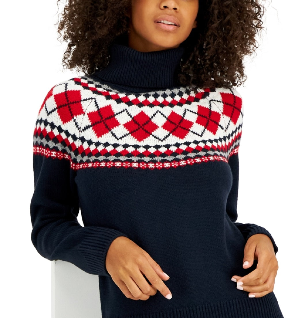 Tommy Hilfiger Women's Argyle Turtleneck Sweater Blue