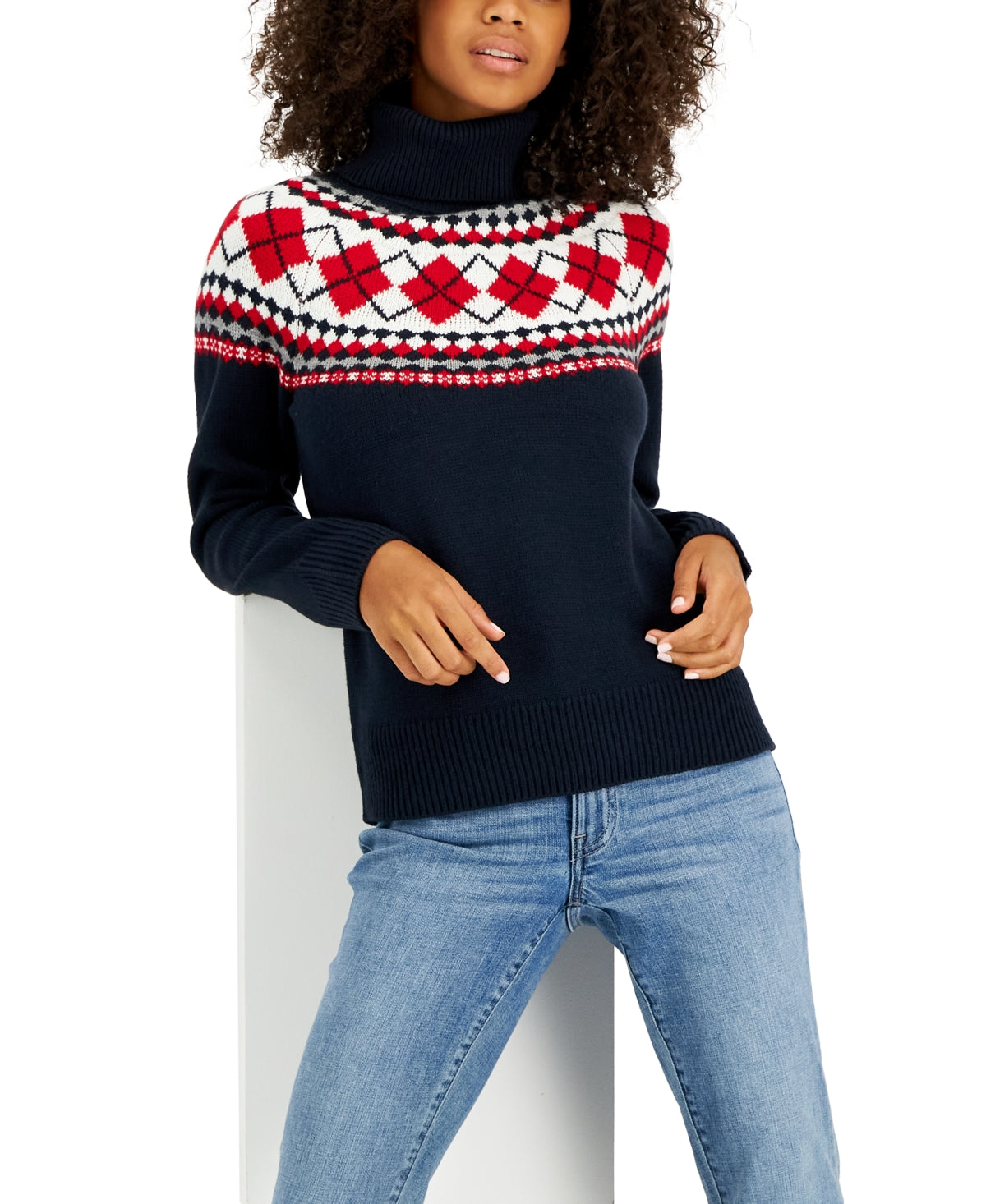 Tommy Hilfiger Women's Argyle Turtleneck Sweater Blue