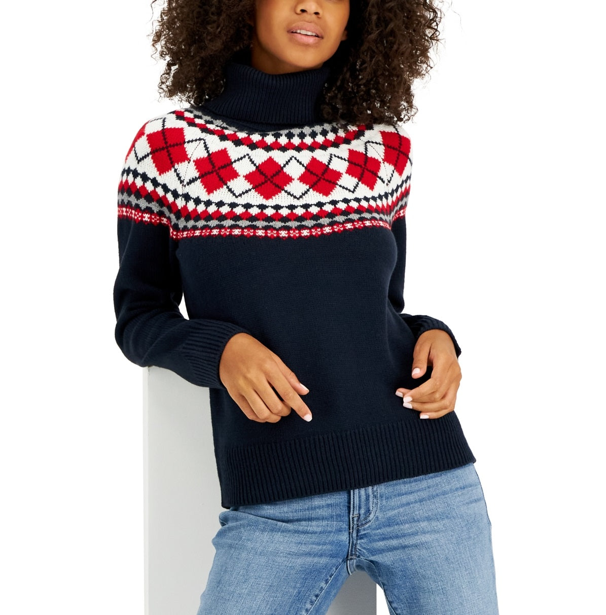 Tommy Hilfiger Women's Argyle Turtleneck Sweater Blue