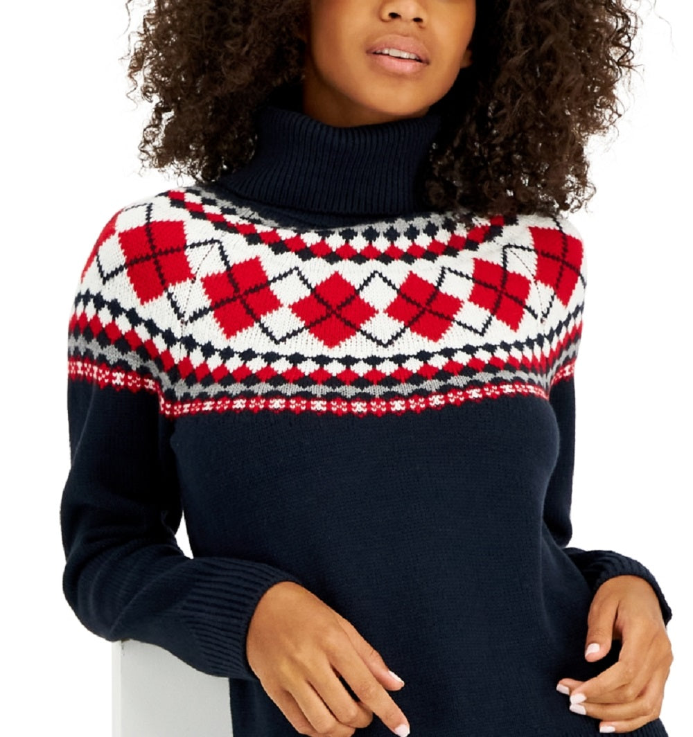 Tommy Hilfiger Women's Argyle Turtleneck Sweater Blue