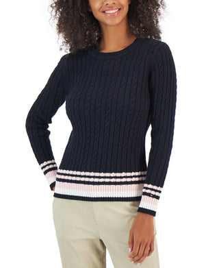 Tommy Hilfiger Women's Cotton Cable Knit Tipped Sleeve Sweater Blue Size X-Large