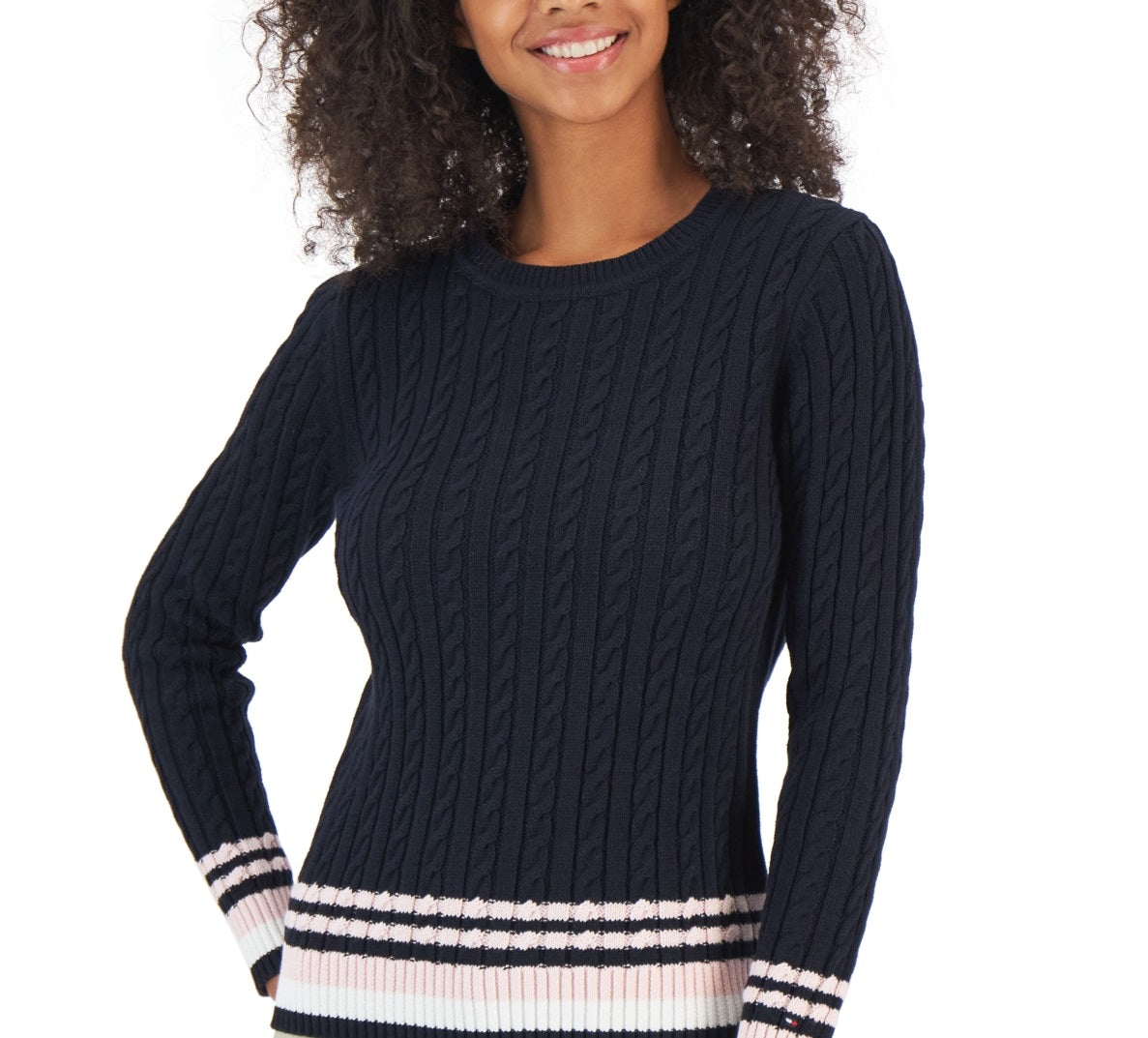 Tommy Hilfiger Women's Cotton Cable Knit Tipped Sleeve Sweater Blue Size X-Large