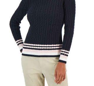Tommy Hilfiger Women's Cotton Cable Knit Tipped Sleeve Sweater Blue Size X-Large