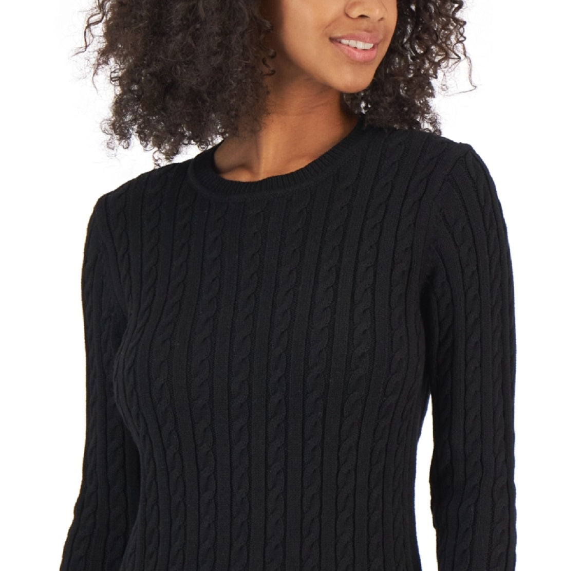 Tommy Hilfiger Women's Cotton Cable Knit Tipped Sleeve Sweater Black Size Medium