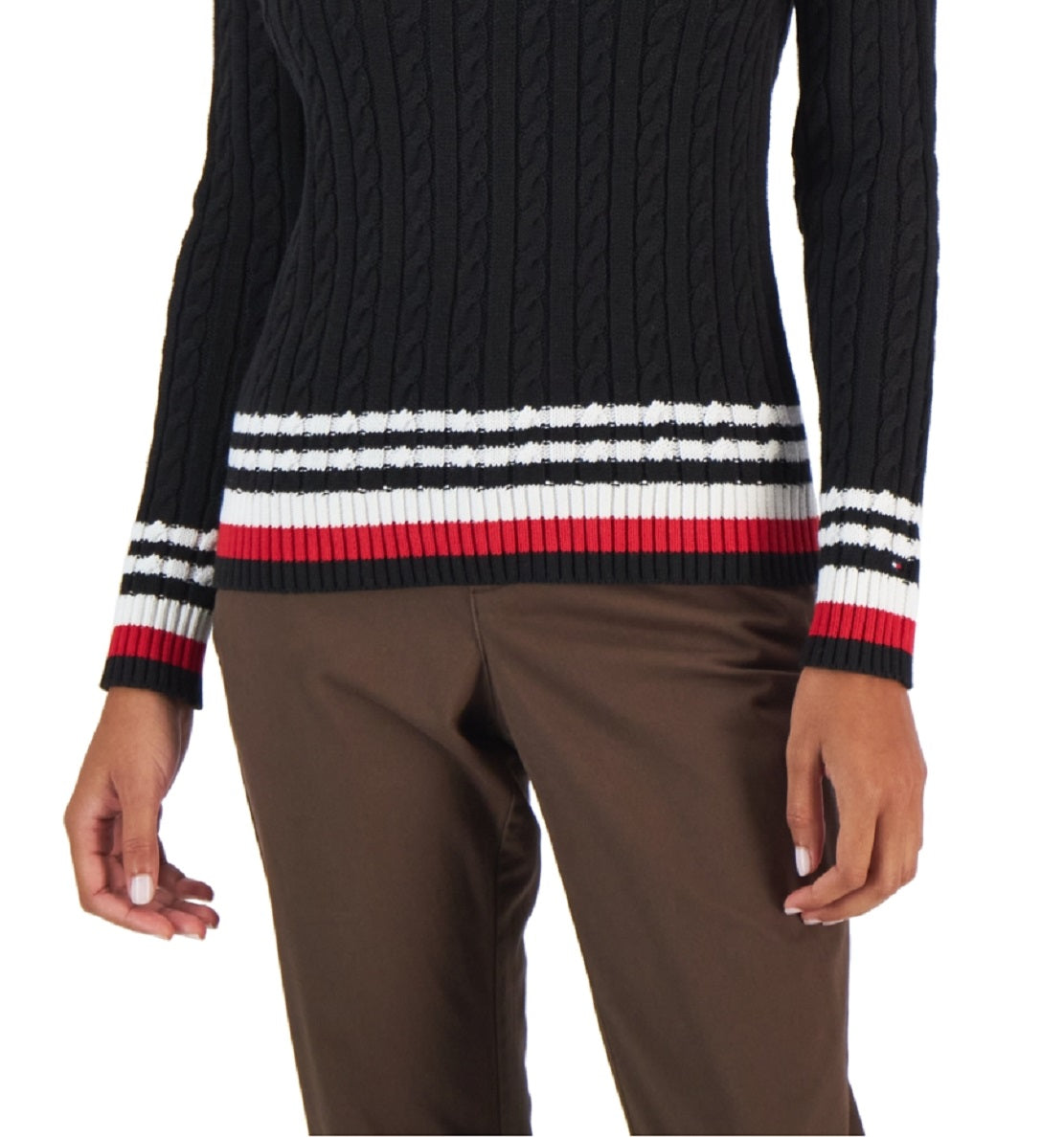 Tommy Hilfiger Women's Cotton Cable Knit Tipped Sleeve Sweater Black Size Medium
