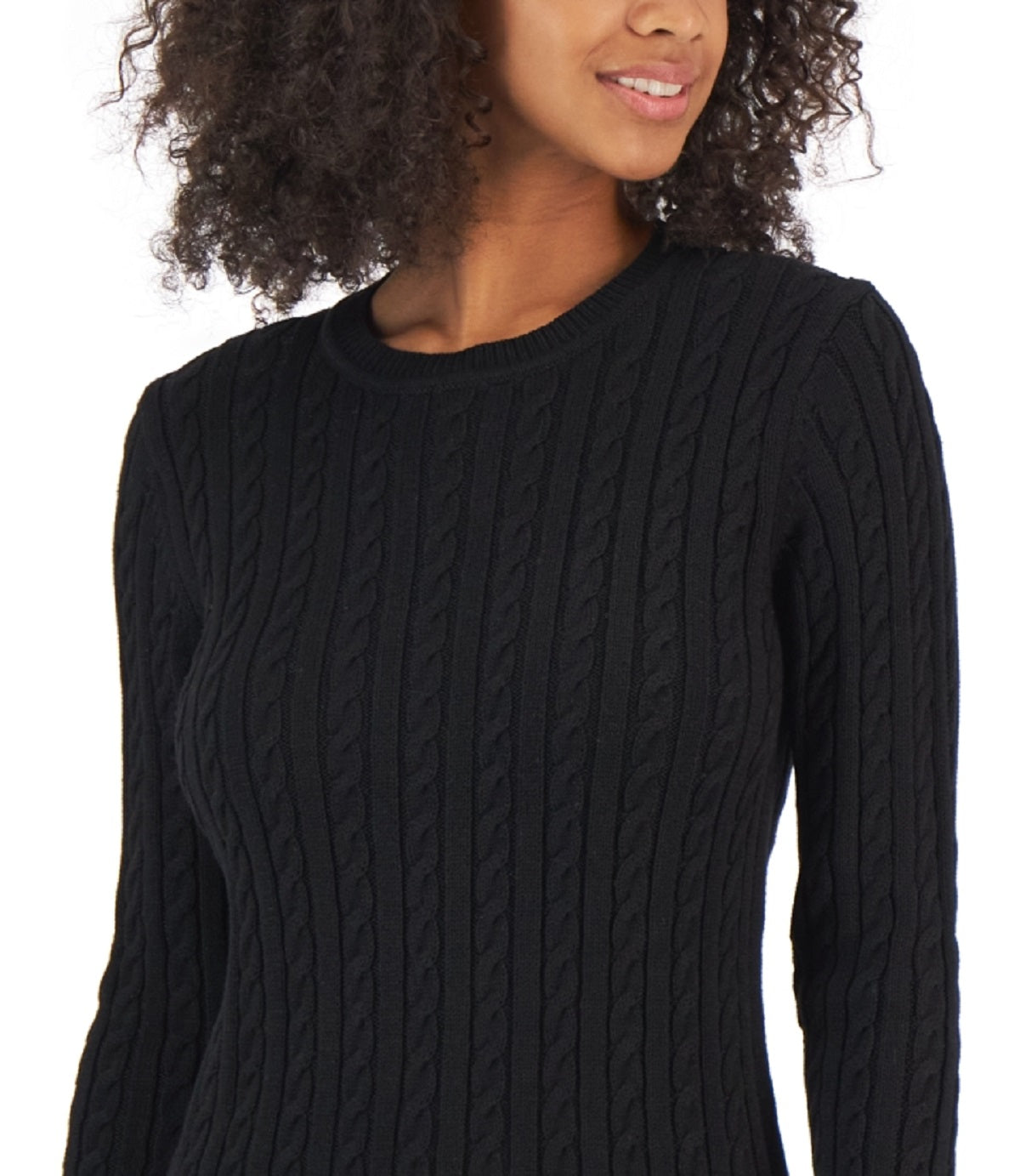Tommy Hilfiger Women's Cotton Cable Knit Tipped Sleeve Sweater Black Size Small