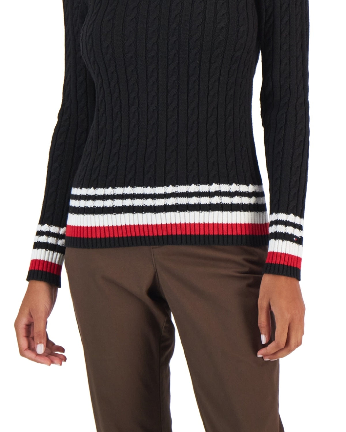 Tommy Hilfiger Women's Cotton Cable Knit Tipped Sleeve Sweater Black Size Small