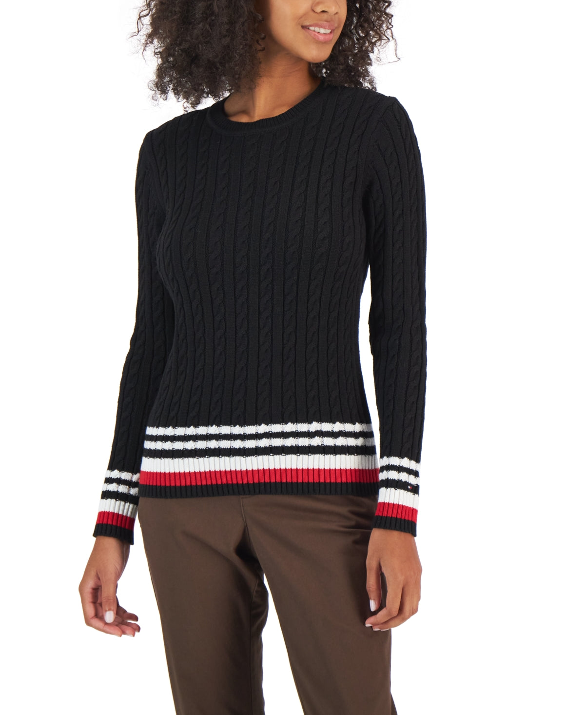 Tommy Hilfiger Women's Cotton Cable Knit Tipped Sleeve Sweater Black Size Small