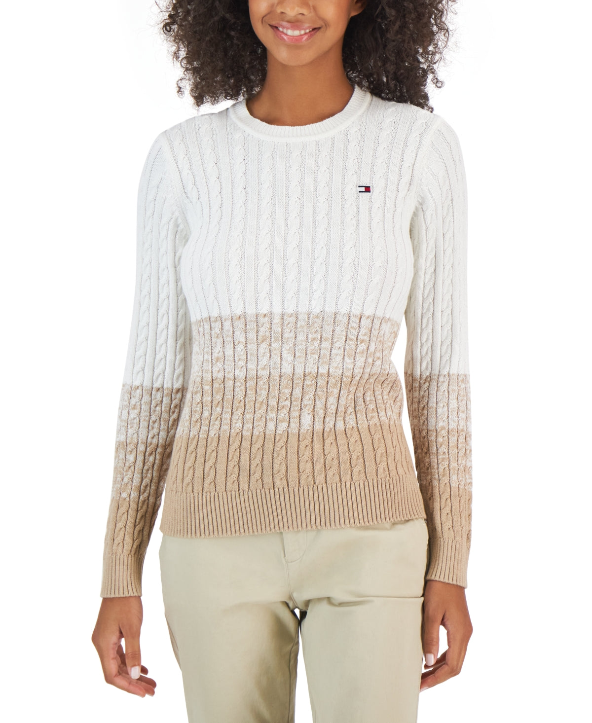 Tommy Hilfiger Women's Cotton Ombre Cable Knit Sweater White Size Small