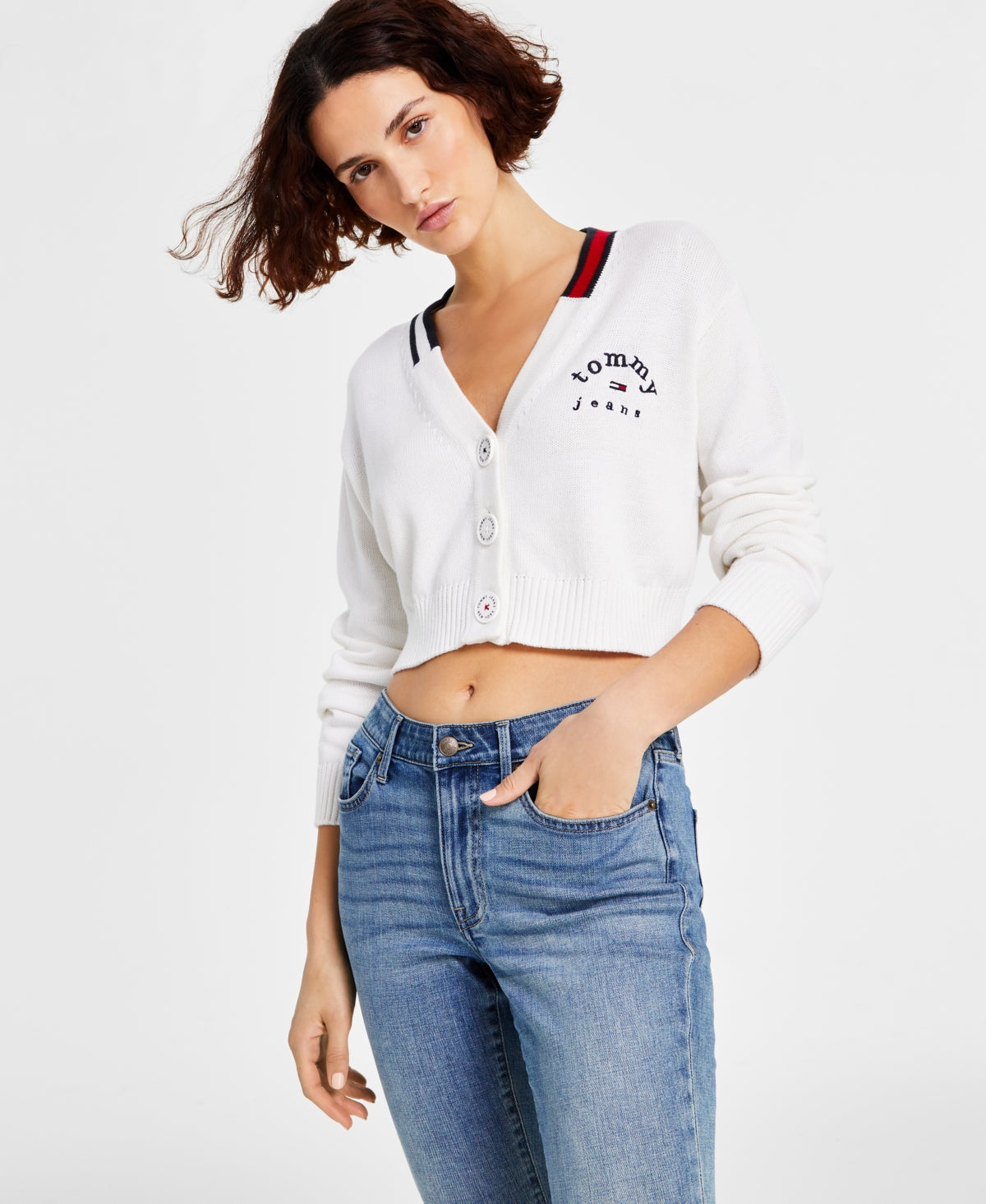 Tommy Jeans Women's V Neck Cropped Cardigan Sweater White Size Medium