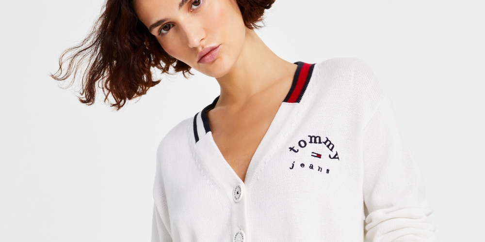 Tommy Jeans Women's V Neck Cropped Cardigan Sweater White Size Medium