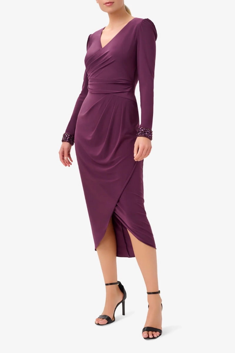 Adrianna Papell Women's Black Jersey Wrap Midi Dress Long-Sleeve Size M