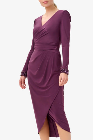 Adrianna Papell Women's Black Jersey Wrap Midi Dress Long-Sleeve Size M