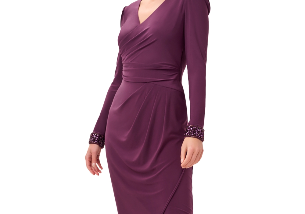 Adrianna Papell Women's Black Jersey Wrap Midi Dress Long-Sleeve Size M