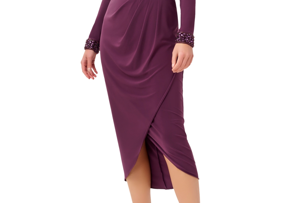 Adrianna Papell Women's Black Jersey Wrap Midi Dress Long-Sleeve Size M