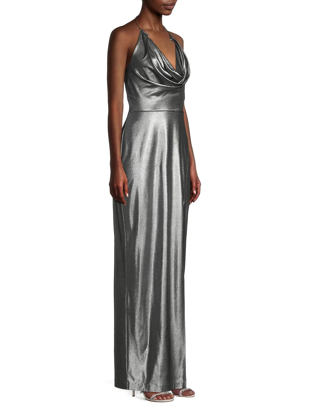 Aidan By Aidan Mattox Women's Draped Foil Halter Gown Gray Size 6