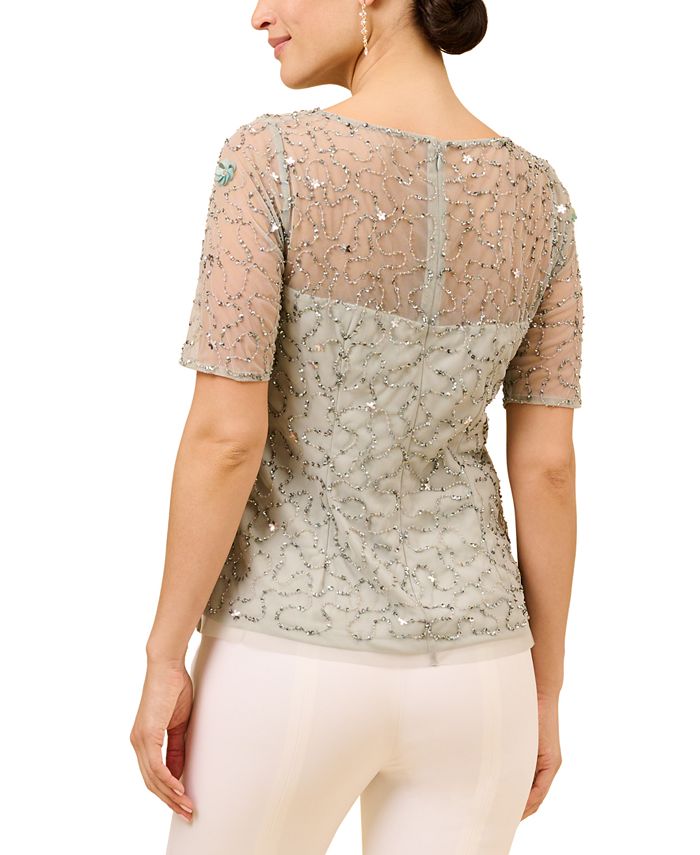 Adrianna Papell Women's Boat Neck Embellished Elbow Sleeve Top Green Size 4