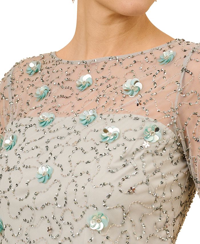 Adrianna Papell Women's Boat Neck Embellished Elbow Sleeve Top Green Size 4