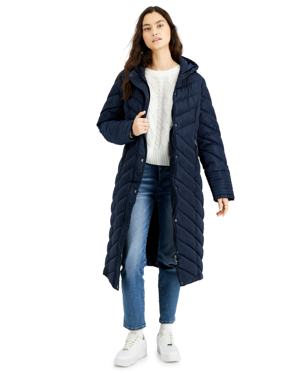 Steve Madden Junior's Hooded Maxi Puffer Coat Blue Size Medium