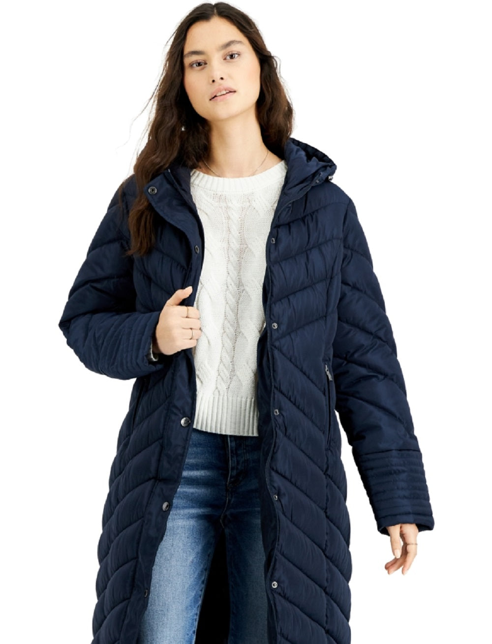 Steve Madden Junior's Hooded Maxi Puffer Coat Blue Size Medium