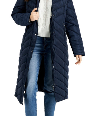 Steve Madden Junior's Hooded Maxi Puffer Coat Blue Size Medium