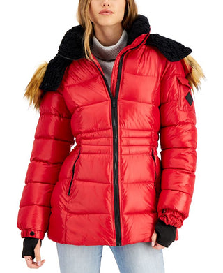 Steve Madden Junior's Faux Fur Trim Hooded Shine Puffer Coat Red Size Medium