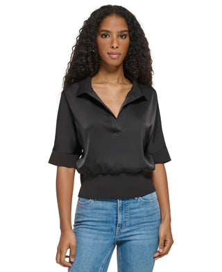 Calvin Klein Women's Short Sleeve Collared Satin Shirt Black Size Large