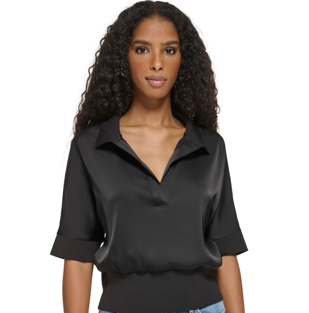Calvin Klein Women's Short Sleeve Collared Satin Shirt Black Size Large