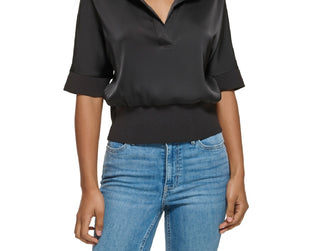 Calvin Klein Women's Short Sleeve Collared Satin Shirt Black Size Large