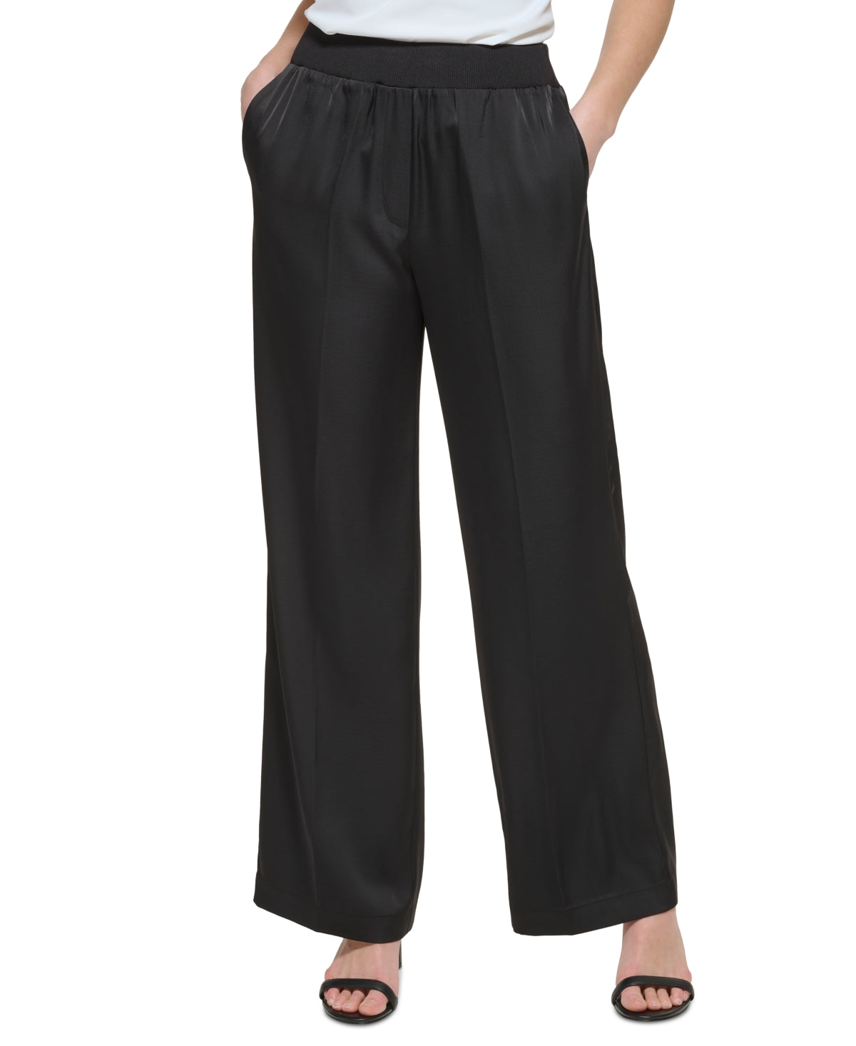 Calvin Klein Women's Pull On Wide Leg Satin Pants Black Size X-Small