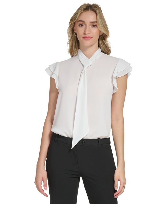 Calvin Klein Women's Tie Neck Flutter Sleeve Blouse White Size X-Large