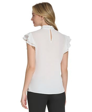 Calvin Klein Women's Tie Neck Flutter Sleeve Blouse White Size X-Large