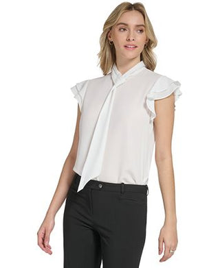 Calvin Klein Women's Tie Neck Flutter Sleeve Blouse White Size X-Large