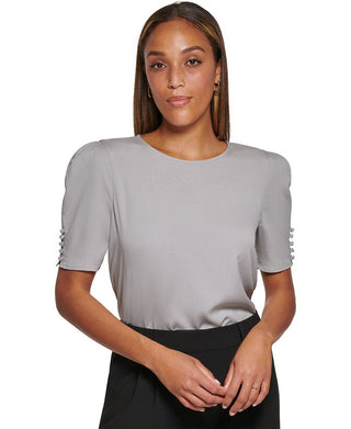 Calvin Klein Women's Scoop Neck Button Detail Blouse Gray Size Medium