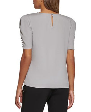 Calvin Klein Women's Scoop Neck Button Detail Blouse Gray Size Medium