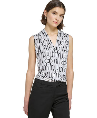 Calvin Klein Women's Printed Sleeveless V Neck Top Gray Size Medium